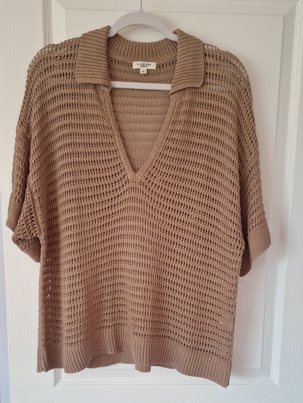 Max Studio Tan Open-Knit Polo Sweater Top
